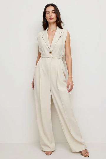 V-Neck Ivory Long Sheath Work Jumpsuits